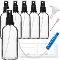 HandsUnity 100 ml 6-Piece Spray Glass Bottle - Pharmacy Clear Glass Bottle Set with Black Atomiser Glass Spray Bottle Made of Transparent Glass Includes 17 Accessories