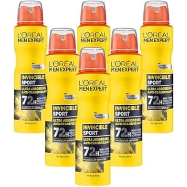 L'Oréal Men Expert Invincible Sport Men's Deodorant, Long Lasting Dry Protection, Alcohol-Free, Male Woody Fragrance, Pack of 6x 150 ml