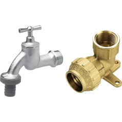 Cornat Outlet Tap - 26.44 mm (3/4 Inch) Male - Includes Hose Connection - High Quality Brass - Ideal as External Tap & Brass PE Wall Disc, 25 mm x 3/4 Inch, Female Thread, T617025