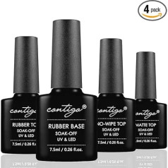 CONTIGO Rubber Base Coat + Rubber Top Coat + No Wipe Top Coat + Matte Top Coat Set Nail Art DIY Gel Polish Soak Off UV LED 4 x 7 ml