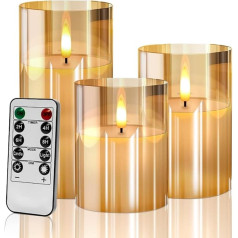 LED Candles with Timer Function, Golden Glass Flameless Candles Flickering with Remote Control, Realistic Warm Light Candle, Bathroom Decoration, Living Room, Table Decoration Living Room, Set of 3