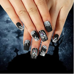 Coffin False Nails Halloween Decorations Press on Nails Black Spider Stick on Nails Ballerina Acrylic Short Fake Nails 24Pcs for Women and Girls，, with solid glue, nail lamp