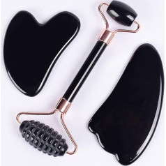 ICXLPMC House Collection Jade Sawtooth Face Roller GuaSha Tool Set Natural Black Obsidian Crystal Stone 3 Piece Sawtooth