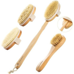 SAMEBUTECO Wooden Dry Brush Set, Long Handle with 3 Removable Heads, Face Brush, Natural Boar Bristle Scrub for Lymphatic Drainage and Cellulite Treatment, Back for Showering