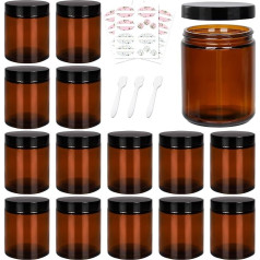 8oz Amber Glass Jars, 16 Pack Empty Cosmetic Containers with Inner Lining and Black Lids, Refillable Round Cream Jars for Lotion, Ointments, Bath Salts, Makeup, Slime and Travel