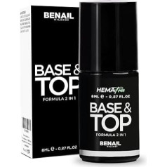Benail Semipermanenter Basislack und Überlack mit extra Glanz-Effekt bis zum Entfernen, widerstandsfähig, elastisch, selbstglättend, 8 ml.