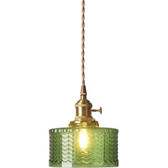 EKSED Brass Pendant Light with Vertical Striped Glass Shade, Rotary Switch and Gold Braided Cable, Pendant Light Accessories (Green Shell)