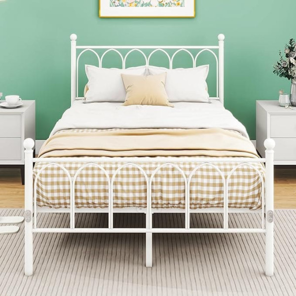 Verfarm VERFARM Metal Bed 120 x 200 cm Bed Frame with Slatted Frame, Double Bed/Single Bed, Bed Frame with Headboard and Footboard, Guest Bed, Youth Bed for Bedroom, Guest Room, White