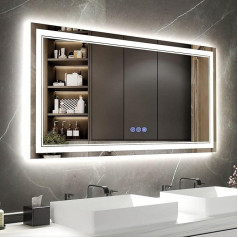 Baklon LED Bathroom Mirror with Lighting, Double Frame, 120 x 70 cm, 3 Light Colours, Dimmable, Warm White/Cool White/Neutral, Touch Switch, HD Tempered Glass, Energy Class E