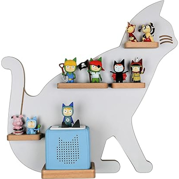 Mr Teddy Bear Children's Cat Shelf, Wooden Shelf for Toniebox and Tonies, Tonie Shelf, Made in the EU, Wall Shelf for Playing and Collecting, for Girls and Boys, Grey