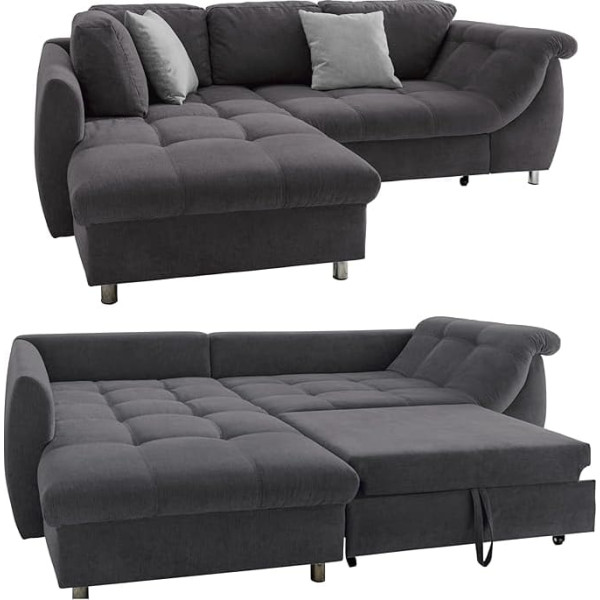 Luma-Home Schönes Für Dein Zuhause Corner Sofa with Sleep Function and Bed Box 250 x 190 cm, Wave Suspension and Comfort Foam, Longchair Ottoman Left, Microfibre Cover in Anthracite, 2 Decorative Cushions, Grey/17006