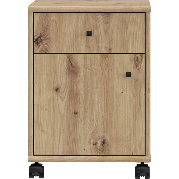 Forte Tempra 2 Rolling Containers with 1 Door and 1 Drawer, Wood Material, Artisan Oak Decor, W x H x D: 38.6 x 54.2 x 42 cm
