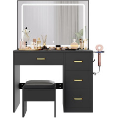 Yitahome Dressing Table with Mirror, Cosmetic Table with 4 Drawers, Lighting, Socket, Black (Make Up Table, Dressing Table, Cosmetic Table, Vanity Table)
