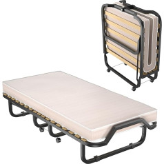 Goplus Guest Bed 90 x 200 cm, Single Bed Foldable with Memory Foam Mattress, Steel Frame, 4 Universal Wheels, Folding Bed for Guest Room, Camping, Office, Bedroom & Living Room (Beige, 90 x 200 cm)