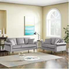 2 Piece Sofa Set with Loveseat Sofa and 3 Seater Sofa, Modern Velvet Upholstered Sofa Set with Wooden Legs and Rolled Armrests for Living Room, Grey (Grey)