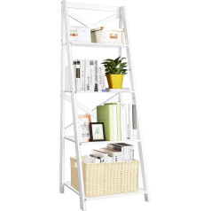 Homasis Ladder Shelf with 4 Shelves, Wooden Bookcase, Standing Shelf with Anti-Tilt Device, Storage Shelf for Books & Plants, Stair Shelf, Room Divider for Living Room, Bathroom & Office (1, White)