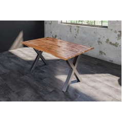 SAM Dora Dining Table 120 x 80 cm, Solid Mango Wood, Varnished and Natural-Coloured, Wane Table with X-Metal Frame in Silver, Real Wane, 26 mm