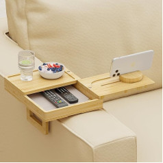 Wealone Couch Arm Tray with 2 Rotating Trays, Bamboo Adjustable Sofa Arm Clip Table with Storage Box & 360° Phone Holder, Couch Armrest Table for Snacks, Drinks, Food
