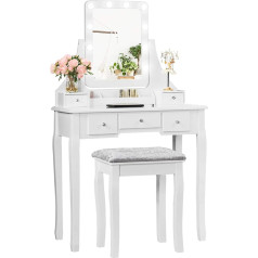 Costway Dressing Table with Stool, 360° Rotating Mirror and 10 Dimmable LED Bulbs, Dressing Table with 5 Drawers and Organiser, Cosmetic Table. Consists of Table and Removable Top.