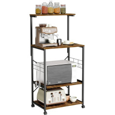 Bestier Kitchen Baker's Rack, Multi-Purpose Storage Rack, Microwave Stand, Cart on Wheels, with Side Hooks, Kitchen Shelf, 4 Tiers, Adjustable Feet, Brown