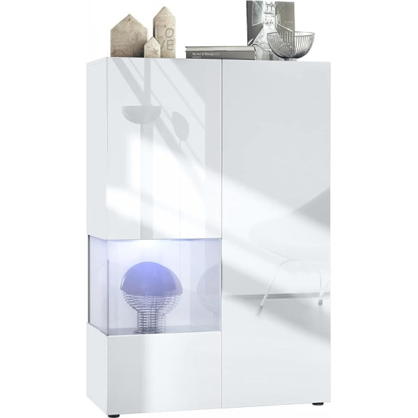 Vladon Morena V2 Display Cabinet, Made in Germany, Standing Display Cabinet with 2 Doors and Glass Insert, Matte White Body, White High Gloss Fronts, Cube White High Gloss with LED Lighting White