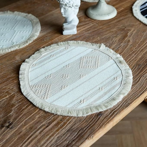 Mesnt Tischsets Platzsets, 6er-Set Rund mit geometrischem Muster und Quaste Platzsets, Küchen-Tischsets für Esstisch, 38x38cm, Beige Khaki