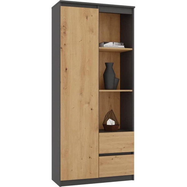 Adgo Bookcase with Doors and Compartments, Cupboard, Storage Shelf, Standing Shelf, Office Shelf, File Shelf, Office Furniture (Anthracite / Oak Artisan, RS-80 Bily)