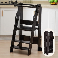 Funlio Montessori Children's Tower, 3-Tier Height Adjustable Kitchen Step Stool, Foldable Toddler Tower for Children Aged 2-6 Years, CPC, Easy to Assemble, Black