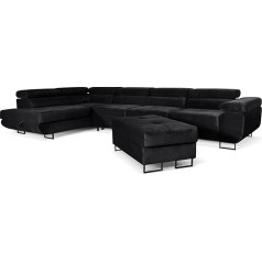 Sofiland Aller Lang XL Modern Design Corner Sofa with Sleep Function, Storage Box in Ottoman, Stool with Storage Space - Animal Friendly Waterproof Welvet, Includes 2 Round Cushions, Ottoman Left.
