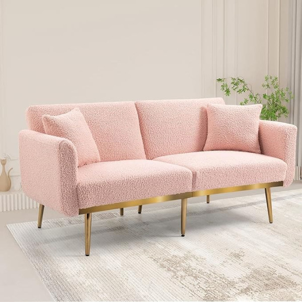 Dolamaní Folding Sofa Bed, Small, 3-Seater Sofa with Sleep Function, Robust Metal Feet, Teddy (Pink)