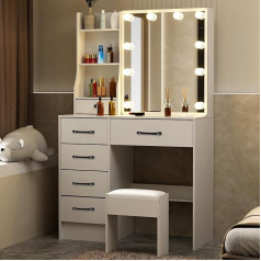 Puselo Dressing Table with Lighting and Mirror, White Dressing Tables with 6 Drawers, 3 Open Shelves and 3 Concealed Shelves, Dressing Table with Sliding Mirror Including Stool, 80 x 130 x 36 cm 8P56