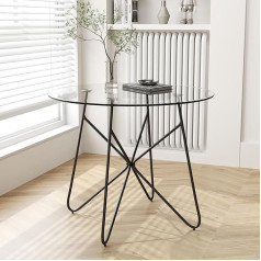 Goldfan Dining Table Glass Dining Room Table Kitchen Table with Metal Legs Modern Style Round Table for Living Room Office Kitchen Black 80 cm