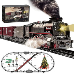 Hitish Train Set for Kids, Electric Train Toys with Realistic Light Sounds Smoke, Christmas Train Model Gifts for Toddlers Boys Girls, Steam Locomotive, Luxury Track & 3 Truck Carriages
