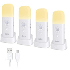 Night Light with Motion Sensor, Pack of 4, Rechargeable, Portable, with USB Cable, Wireless Wall Light with Automatic On/Off, for Cupboard, Wardrobe, Kitchen, Stairs, Bedroom