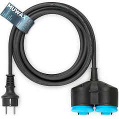 MUWAX Rubber Extension Cable 20 m with 2-Way Splitter for Construction Sites, Workshop, Industry, for Durable Outdoor Use and Heavy Mechanical Stress H07RN-F 3G 1.5 mm² Black