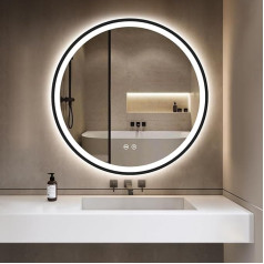 GIMBELEN Round Mirror with Lighting, Bathroom Mirror with Lighting with Memory Function, Dimmable, 3 Light Colours, IP44 HD Safety Glass, LED Bathroom Mirror, Black, 50 cm