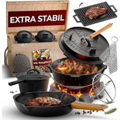 GUSSKÖNIG Dutch Oven Set 13-Piece – Pre-seasoned Cast Iron Pot Set – Frying Pan, Grill Pot, Grill Plate, Lid Lifter, Coaster, Ring Cleaner Handle Protection – Includes Dutch Oven Recipe Book
