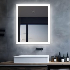 MIQU LED Bathroom Mirror with Lighting, 60 x 50 cm, Bathroom Mirror, Large Bathroom Mirror with Touch/Wall Button, White, 6500 K Light Wall Mirror for Bathroom, Toilet, Hallway Corners, Rectangle B