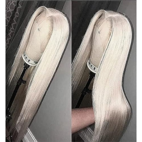 VEBONNY Lace Front Wigs, Realistic Looking White Blonde Wigs for Women, Platinum Blonde Lace Wig, Silky Straight Hair Silver Wig with Middle Part, 24 Inches, VEBONNY-061