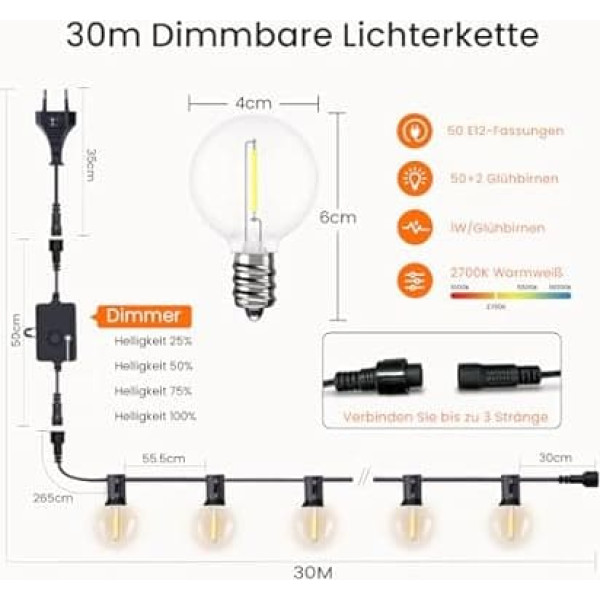 Svater Fairy Lights Outdoor Dimmable 60 m, G40 LED Fairy Lights Bulbs Outdoor 104 Plastic Bulbs Waterproof IP45, Timmer Linkable for Outdoor, Patio, Trees, Party, 2700 K Warm White (2 x 30 m)