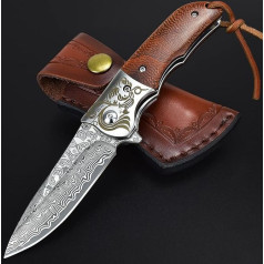 KOMWERO Damask Pocket Knife Folding Knife with Clip, One-Handed Knife EDC Knife with Damascus Steel Blade, Wooden Handle, Knife Sheath - Damascus Knife for Outdoor Survival Collection Gift