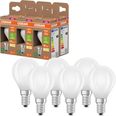 Osram Energy Class Classic Mini Ball LED Lamp, 3.8 W, 806 Lumens, Energy Class A, Warm White (2700 K) CRI 80, Frosted Lead-Free Glass, E14 Cap, IP20, 45 mm DM, Pack of 6