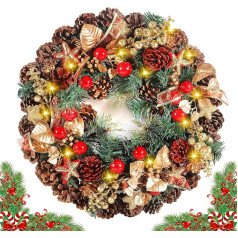 ZQEJEFD Christmas Wreath, LED Christmas Wreath with Fairy Lights and 10 LEDs in Warm White, 30 cm Door Wreath, Christmas, Advent Wreath, Decorative Wreath with Pine Cones and Red Berry Fruit Christmas