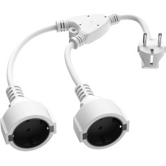 Extension Cable with 2 Schuko Sockets, 2-in-1 Socket Adapter with Flexible Cable, 16A/250V/Max 3680W, German Converter Socket, Power Strip for Kitchen, Office, Home, White