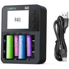 LIMETA R4EVO Intelligent Battery Charger for AA/AAA with 6 Slots, One Display and Type-C QC3.0 Output, It also provides cyclic charge and discharge function.