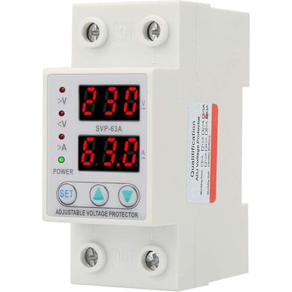 Overcurrent Protection, AC230V 63A Voltage Current Protection, Single-Phase Surge Protection, 230V-300V Adjustable, DIN Rail Installation