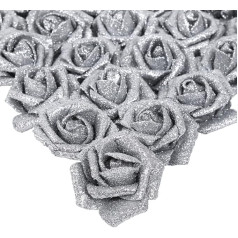 IPOPU Artificial Flowers, 25 Pieces Foam Glitter Roses Foam Roses with Stem for DIY Wedding Bridal Bouquet Home Party Christmas Decoration (Silver)