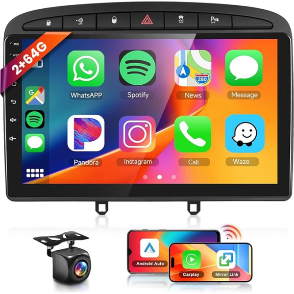 Hodozzy Carplay Android Car Radio for Peugeot 408 308 308 SW 2007-2015 with Sat Nav, 9 Inch Touchscreen with Mirror Link/Android Car/WiFi/GPS/RDS/FM/Bluetooth/USB + Reversing Camera