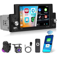 Ohraido 1 DIN Car Radio with Wireless CarPlay & Android, Bluetooth Car Radio with 5.9 Inch Touch Screen, DIN 1 Radio with FM USB Type-C SWC Mirror Link Reversing Camera