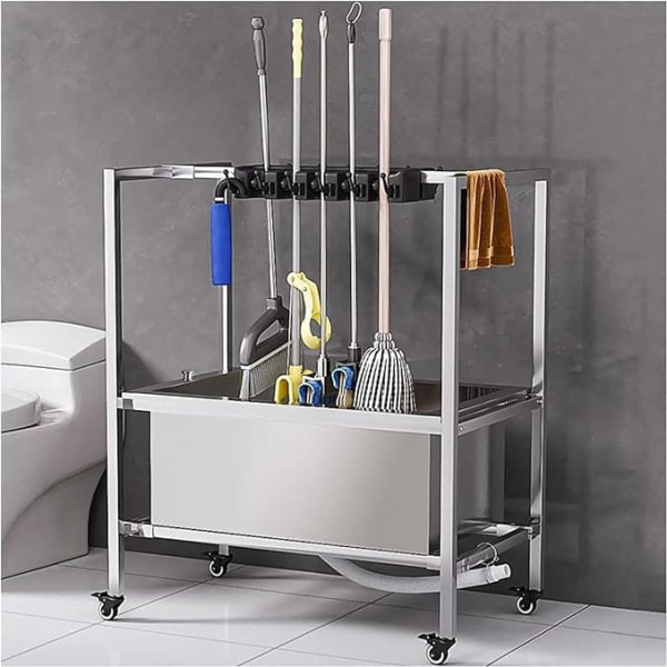 Kommerzieller Reinigungswerkzeugwagen mit Armlehnen, beweglicher Besenmopphalter, Regenschirm-Aufbewahrungsständer und Ablaufknopf, Silber, 47 x 100 x 98 cm (10 Fächer)
